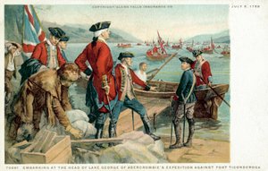 Inscheping aan het hoofd van Lake George van Abercrombies expeditie tegen Fort Ticonderoga door American School